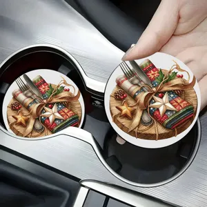 Round printed anti-slip car coaster, Christmas holiday theme table decor accessory item