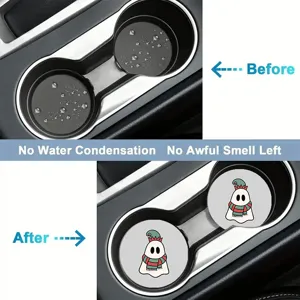 Detail view of cute ghost car cup holder coaster showing anti-slip and dry effect.