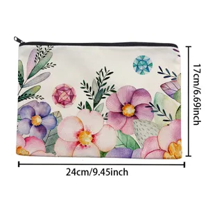 Borsetta per trucco in tela con stampa floreale acquerello, astuccio cosmetico con cerniera.