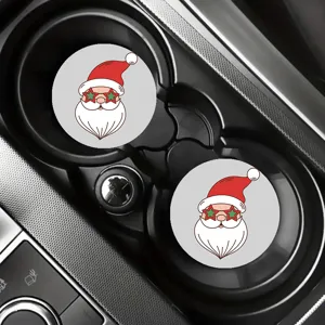 Detailed shot of car cup holder coasters featuring a fun cartoon Santa Claus with star glasses.