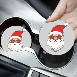 Cute Christmas Santa Claus car cup holder coaster, non-slip rubber interior decor mat.