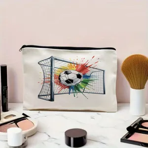 Vista dettagliata della borsa per cosmetici in tela con stampa di pallone da calcio colorato.