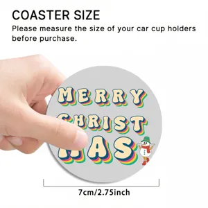 Retro Christmas car coaster detail view, showing 7cm size and festive snowman print clearly.