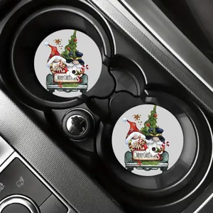 Christmas car cup coaster detail view, cute gnome print silicone auto cup holder mat.