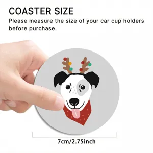 Cute Christmas reindeer dog car coaster, premium leather round cup holder mat, 7cm size.