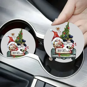 Christmas Silicone Car Coaster Santa Claus Gnome Pattern Round Non-Slip Vehicle Cup Holder Mat Decorative Coffee Pad For Car Home Office