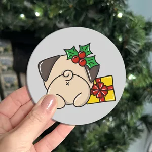 Cute cartoon pug Christmas design round silicone car coaster heat insulation cup mat detail