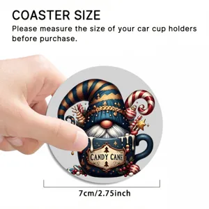 Christmas car cup coaster with cute gnome design, non-slip silicone material, 7cm diameter size.