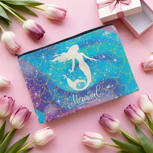 Trousse de maquillage sirène, pochette zippée élégante en toile pour rangement quotidien.