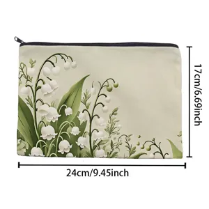 Lily of the valley print canvas zipper makeup pouch detail view with size dimensions.