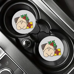 Silicone car coasters set of two with cute cartoon pug dog Christmas theme design non-slip.