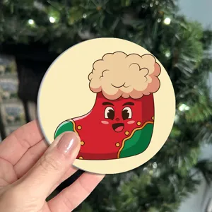 Cute cartoon Christmas stocking coaster, perfect for home, car, or coffee cup decoration.
