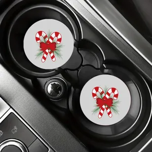 Christmas candy cane car coasters set of 2, non-slip absorbent cup holder drink inserts
