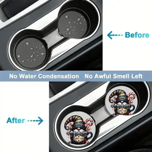 Christmas car cup holder coaster, silicone anti-slip waterproof mat with cute holiday gnome design.