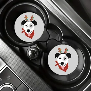 Cute Christmas puppy car cup coasters, non-slip leather cup holder mats for vehicle interior.