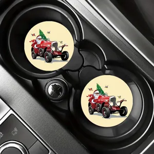 Navidad Papá Noel coche clásico posavasos de coche, alfombrillas antideslizantes.