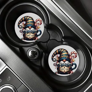 Christmas gnome car cup holder coaster silicone mat with cute holiday pattern design detail view.