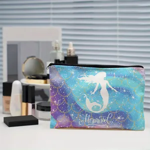 Trousse de maquillage avec motif écailles de sirène pochette zippée pour rangement voyage.