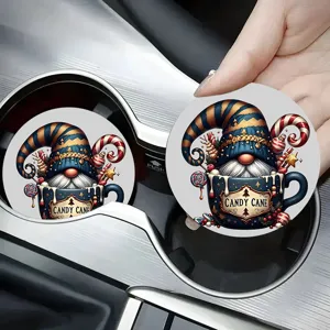 Close up view of a cute Christmas gnome car cup holder coaster in use, durable silicone material.