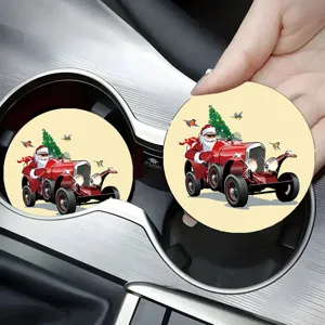 Navidad coche vintage Papá Noel gráfico posavasos para auto, detalle decoración interior.