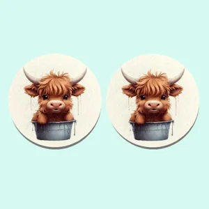 Schattige Highland koe auto ondersetzers, leuke dierenprint ronde bekerhouder matten 2 stuks.
