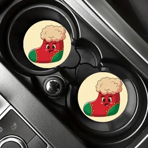 Car coasters set of 2, cute cartoon Christmas sock printed anti-slip cup holder mat for auto interior.