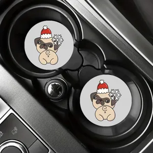 Silicone car cup coasters set, cute cartoon pug Christmas pattern anti-slip auto mats.