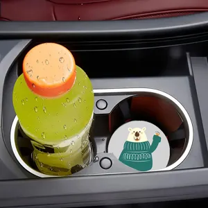 Cute cartoon bear car leather coaster, anti-scald cup mat, automotive interior decoration accessory.