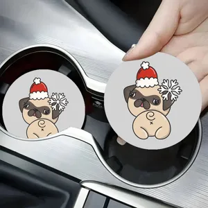 Detailed view of cute Christmas pug car coaster in cup holder, non-slip silicone interior decor.