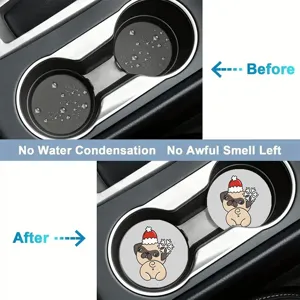 Cute Christmas pug car cup holder, anti-slip silicone auto coaster detail view for vehicle.