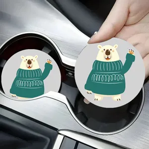 Cute cartoon bear car leather coaster detail, anti-scald and decorative cup mat for auto interior.