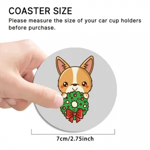 Close-up of a cute cartoon corgi car coaster detail showing 7cm size and premium non-slip material.