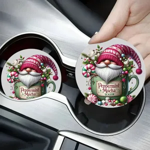 Christmas car cup coaster silicone mat with cute gnome and coffee mug pattern for auto decor.