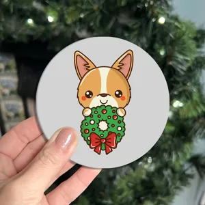 Detailed close-up view of cute cartoon corgi Christmas wreath silicone car cup mat.