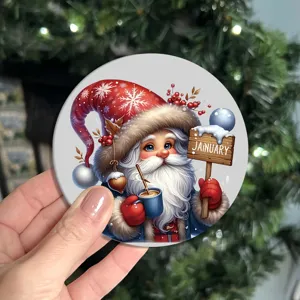 Cute Christmas Santa Claus pattern round coaster, festive tabletop decor and cup cushion.