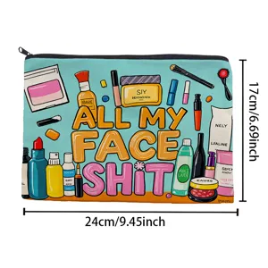 Grande trousse de maquillage en toile avec illustration graphique amusante et fermeture.