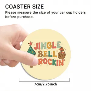 Car coaster detail view, 7cm round absorbent cup holder insert with retro Christmas design.