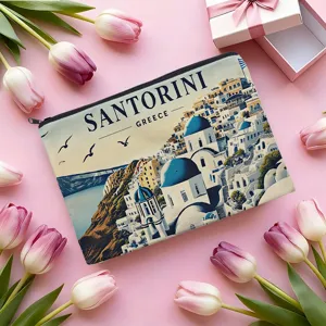 Santorini Greece scenic print cosmetic zipper pouch, portable makeup storage bag detail view.