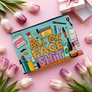 Trousse de maquillage en toile avec imprimé amusant, grande pochette zippée femme.