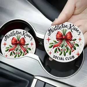 Christmas mistletoe car coaster detail showing festive print and silicone texture inside holder