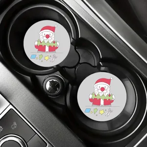 Car cup holder coasters set featuring cute cartoon Christmas Santa design, anti-slip mat.