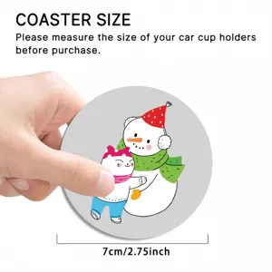 Close-up view of cute cartoon snowman car coaster detail, 7cm diameter, non-slip design.