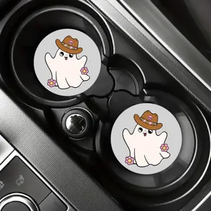 Cute ghost car cup coaster set, anti-slip rubber cute cartoon auto interior accessories for drinks.