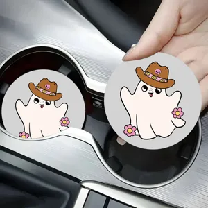Round Silicone Car Cup Holder Coaster Anti-Slip Heat Resistant Mat Cartoon Snowman Ghost Pattern Automotive Interior Accessory