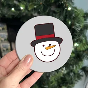 Cute cartoon snowman car coaster, non-slip rubber cup mat for auto and home table decor.