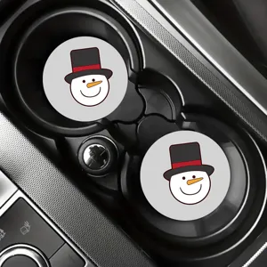 Cute cartoon snowman car cup coasters, non-slip rubber interior drink holder mats for auto.