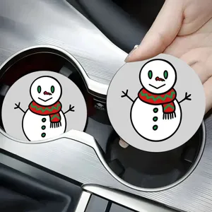 Christmas car coasters set with cute snowman pattern for automotive cup holder decor.