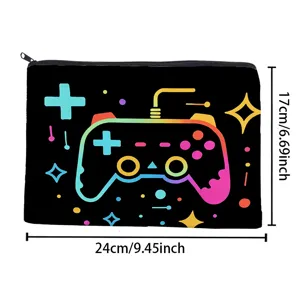 Black canvas zipper pencil case cosmetic bag with neon game controller print 24x17cm