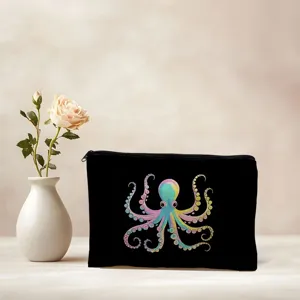 Black canvas cosmetic bag with colorful octopus print, portable makeup pouch for daily use.