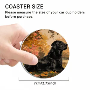 Car cup coaster 7cm round anti-slip mat black labrador autumn forest design for auto interior